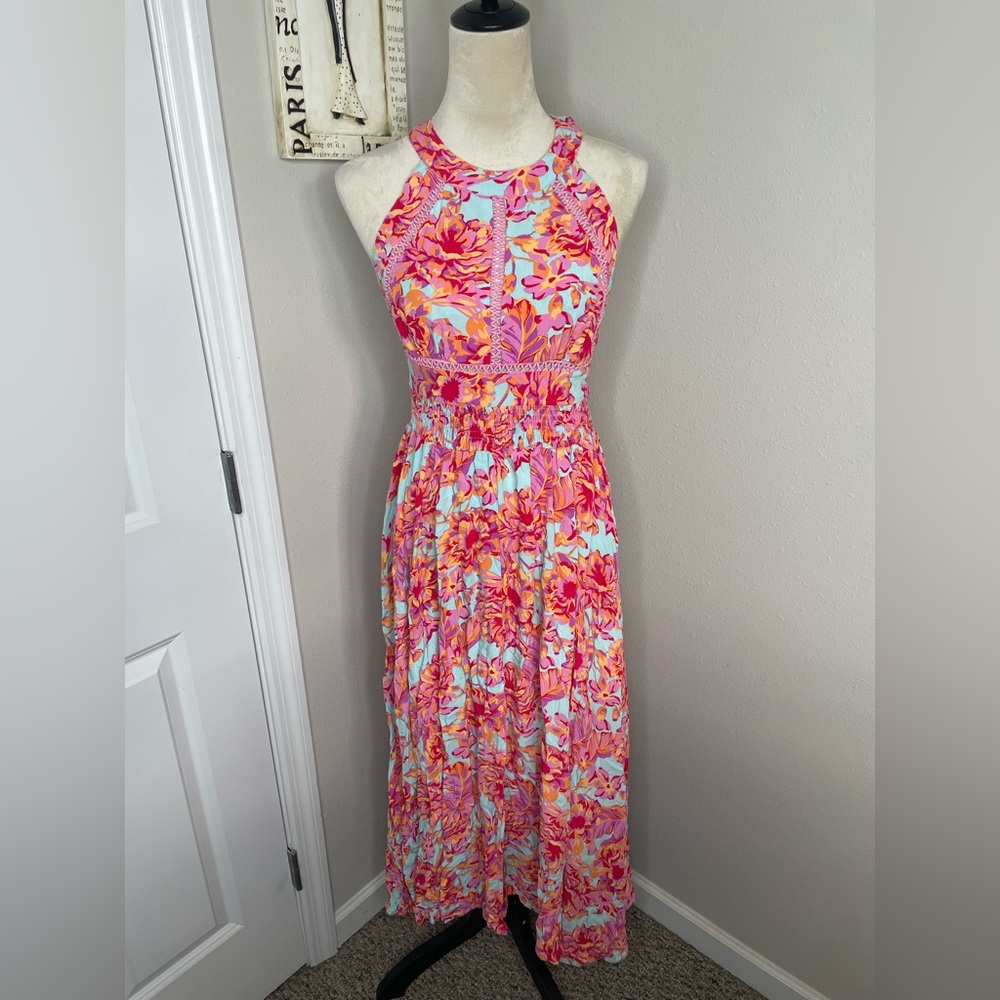 Anthropologie Pink and Orange Floral Halter Maxi Dress